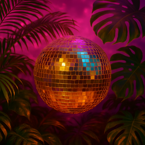 Discoball surrounded by tropical leaves on a pink background